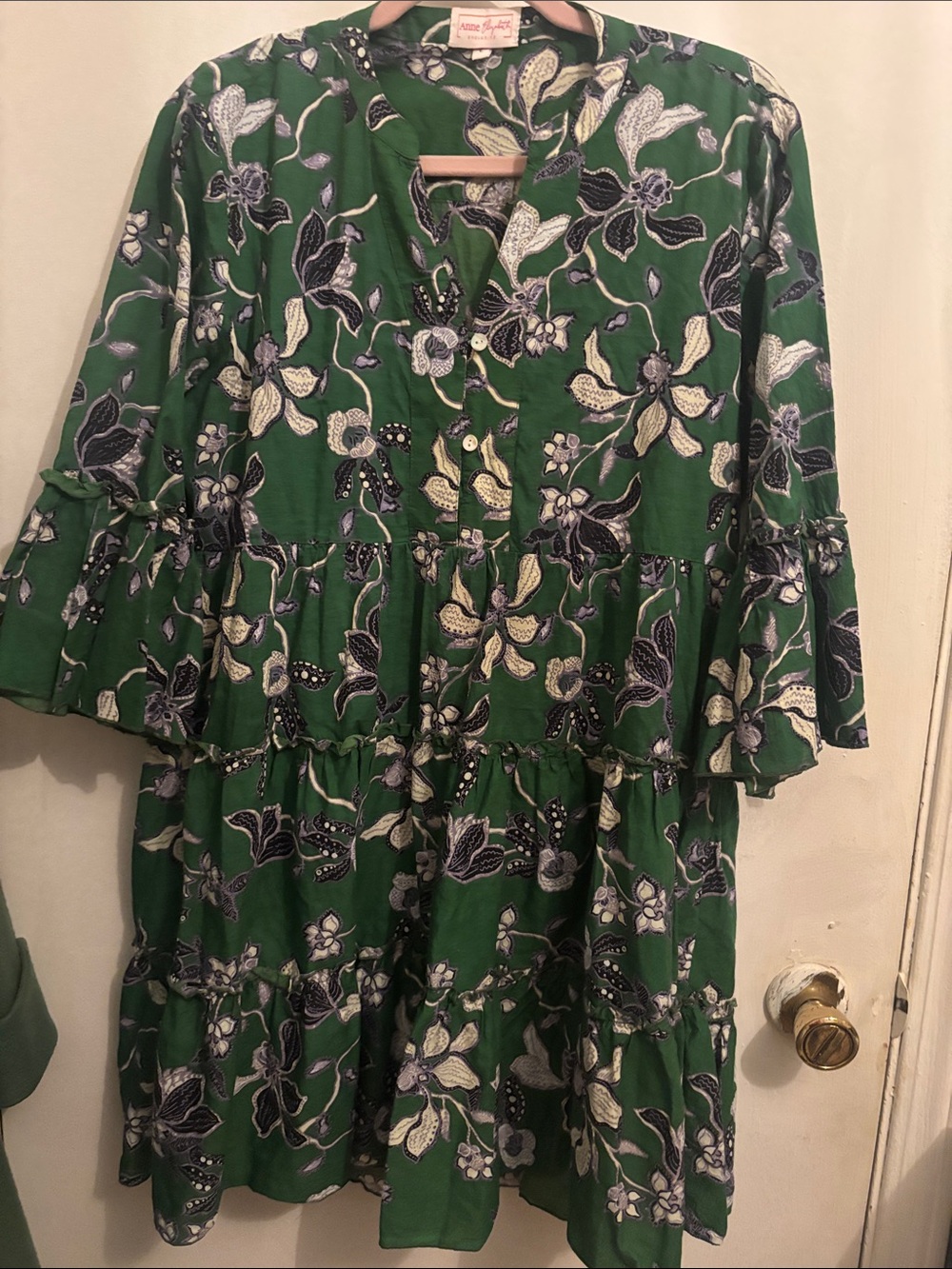 Anne Klein Green Floral Tiered Mini Dress with Ruffle Sleeves